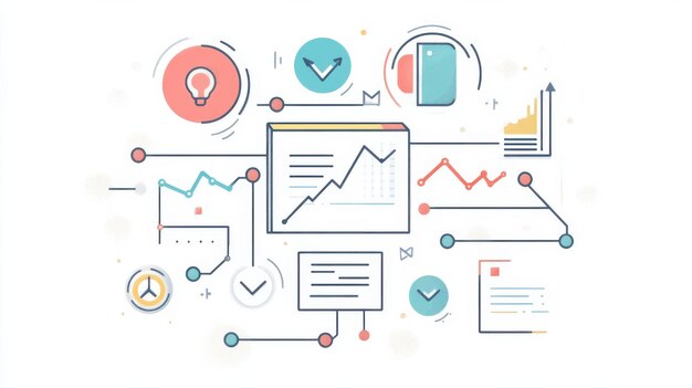 Photo stylized infographic illustrating data analysis charts and various icons representing technology and business concepts