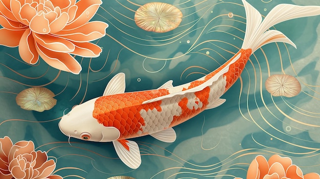 Stylized Koi Fish Swimming Among Floral Patterns Generative AI