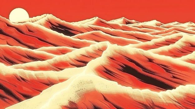 A stylized landscape depicting rolling red dunes under a bright sun