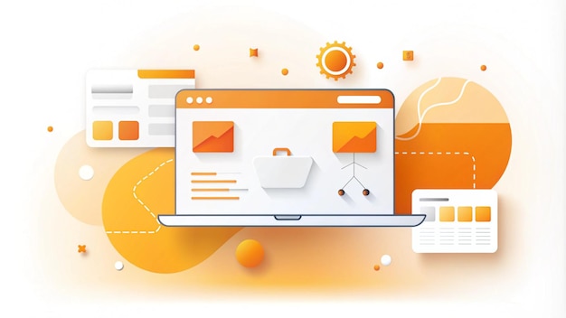 Photo a stylized laptop displaying graphs and documents in a vibrant orange theme