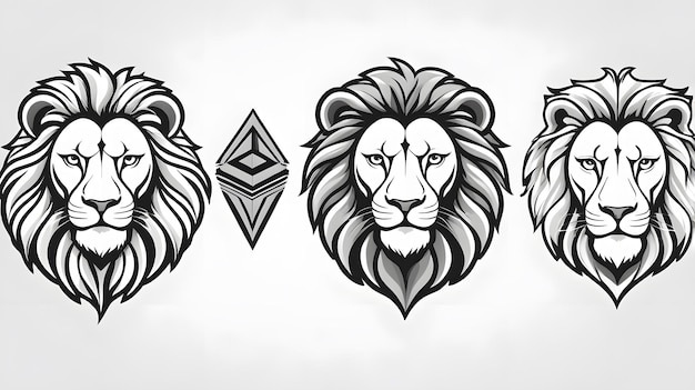 Photo stylized lion face logos set black and white vector illustrations