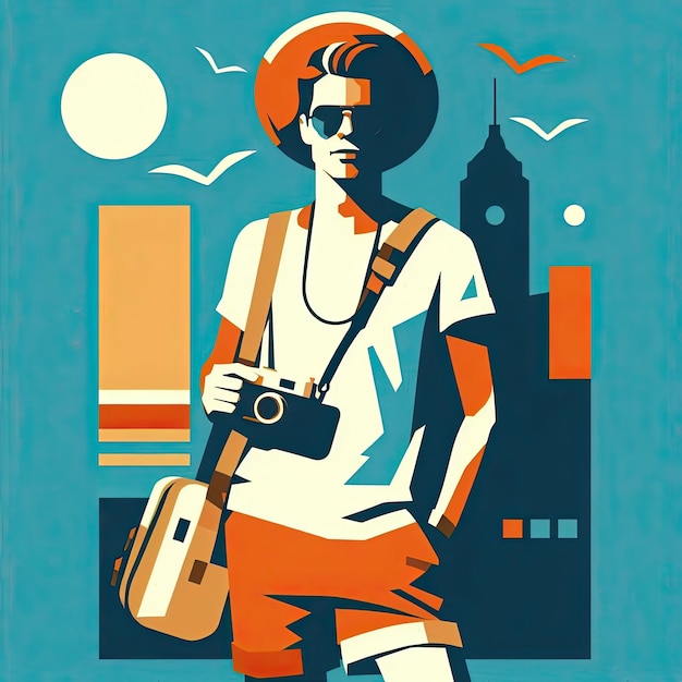 Stylized Male Traveler with Camera A RetroInspired Illustration of a Modern Explorer with Generative AI