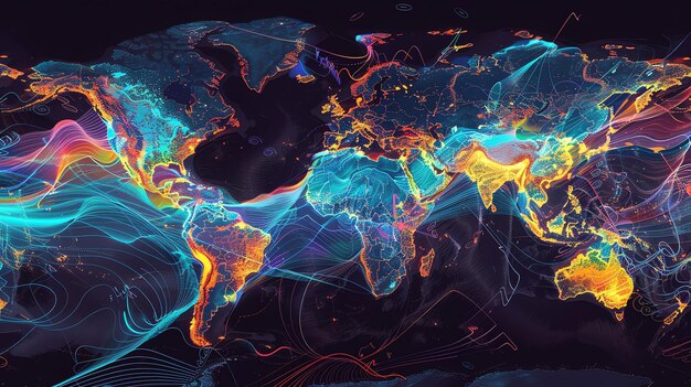 Photo a stylized map of the world with glowing lines and dots representing interconnectedness