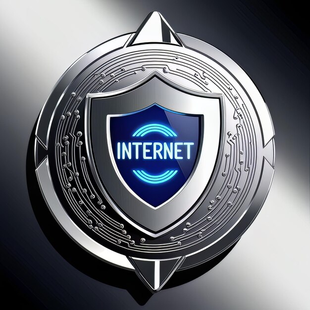 Photo a stylized metallic cyber security shield with a padlock in the center surrounded by glowing blue