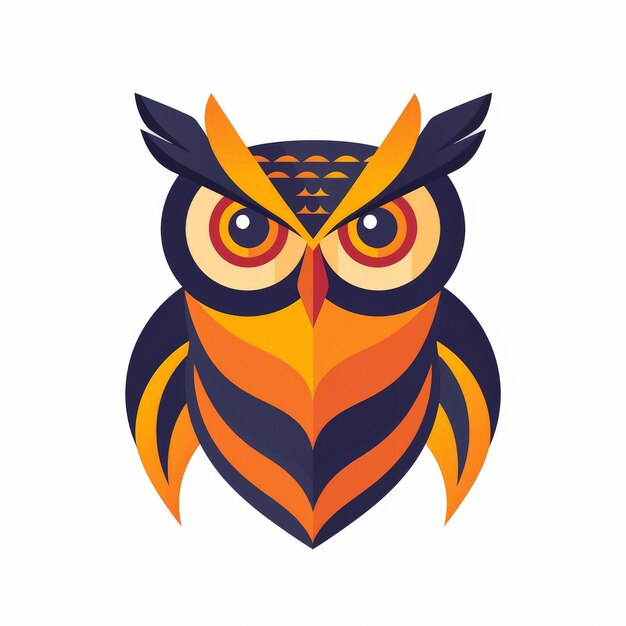 A stylized owl illustration with orange and purple colors