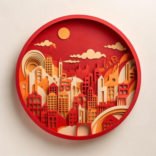 Stylized paper applique of a city landscape in a round frame Generative AI