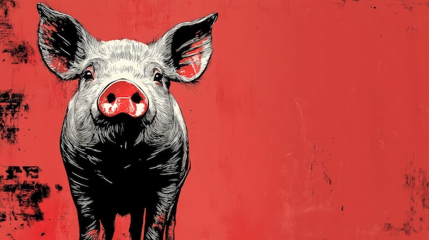 Stylized Pig Illustration with Simple Graphic Design on Red Background