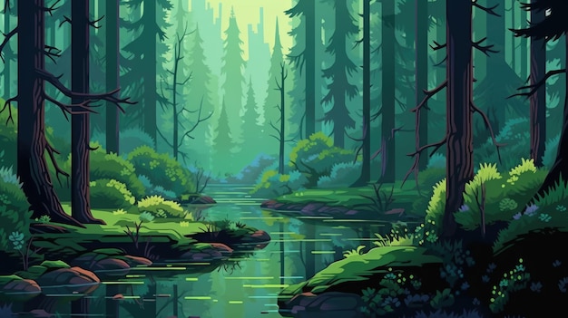 Stylized pixel art forest landscape background Created with Generative AI technology