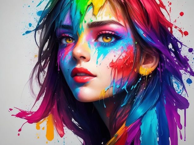 Stylized portrait of a beautiful girl with with paint splashes Rainbow colorful paints Generated AI