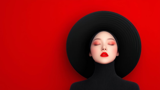 Stylized portrait of a woman with red lips and closed eyes wear