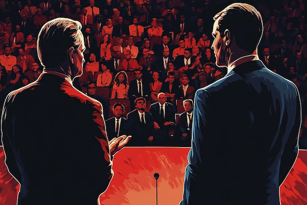 Photo stylized poster of a debate farmer vs suit in front of a crowd