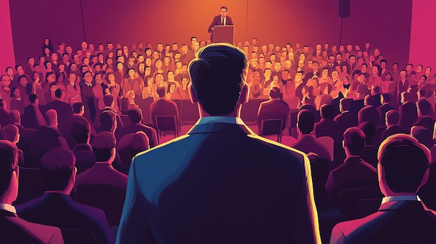 Stylized Poster of a Debate Farmer vs Suit in Front of a Crowd