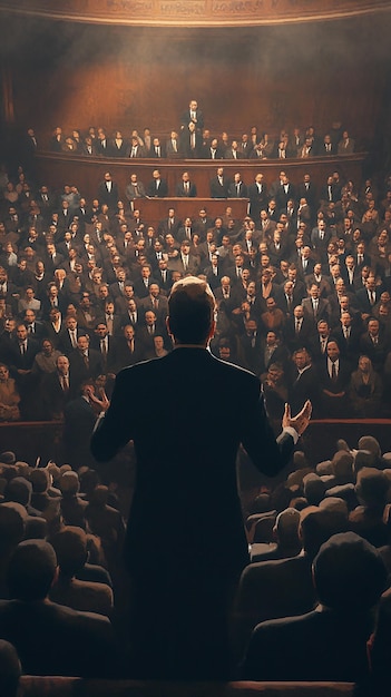 Stylized Poster of a Debate Farmer vs Suit in Front of a Crowd