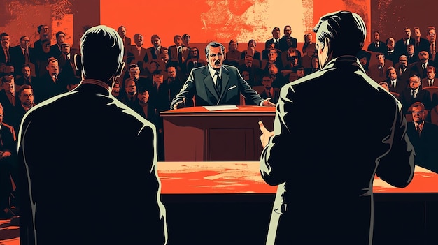 Stylized Poster of a Debate Farmer vs Suit in Front of a Crowd