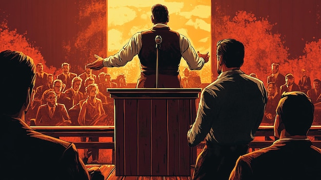 Stylized Poster of a Debate Farmer vs Suit in Front of a Crowd