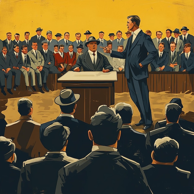 Stylized Poster of a Debate Farmer vs Suit in Front of a Crowd