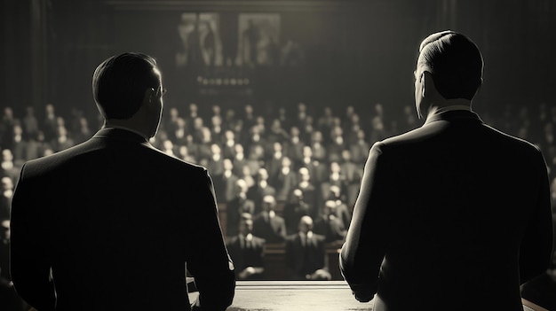 Photo stylized poster of a debate farmer vs suit in front of a crowd