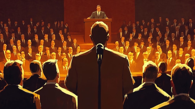 Stylized Poster of a Debate Farmer vs Suit in Front of a Crowd