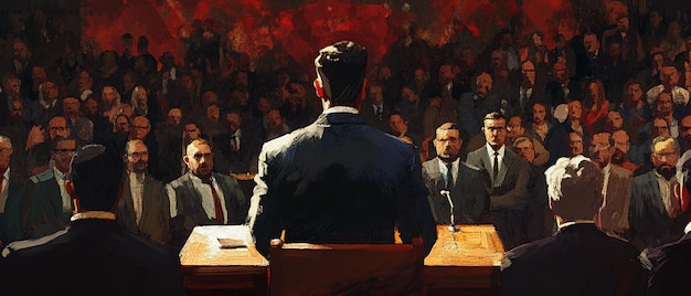 Stylized Poster of a Debate Farmer vs Suit in Front of a Crowd