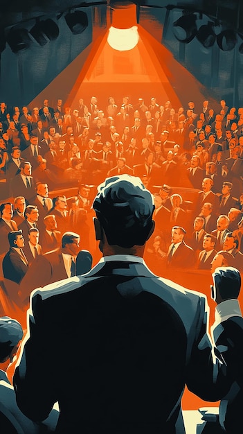 Stylized Poster of a Debate Farmer vs Suit in Front of a Crowd