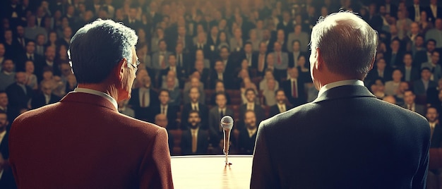 Photo stylized poster of a debate farmer vs suit in front of a crowd