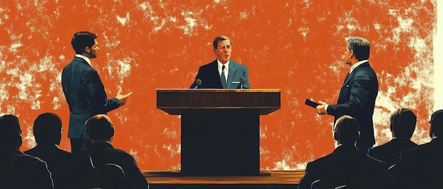 Stylized Poster of a Debate Farmer vs Suit in Front of a Crowd