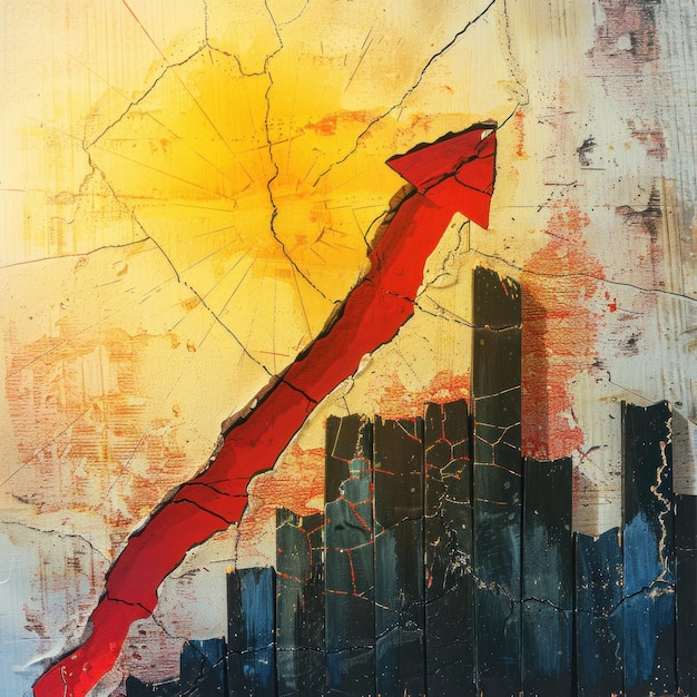 Stylized red arrow breaking through the ceiling of a bar graph on a canvas of sunrise colors