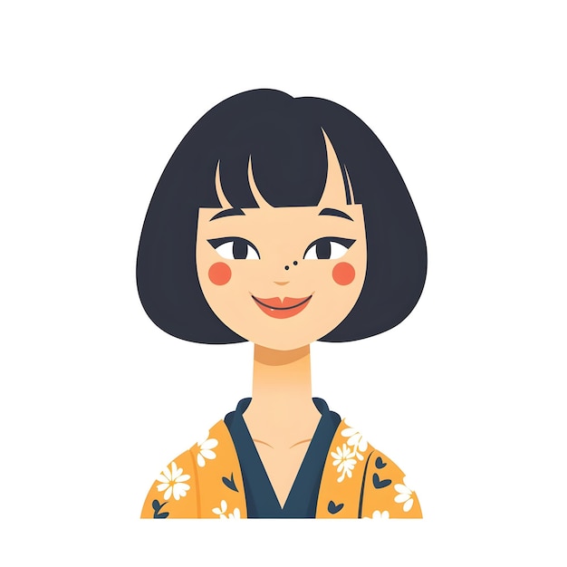 Stylized of a Smiling Japanese Woman with a Bob Haircut on a White Background