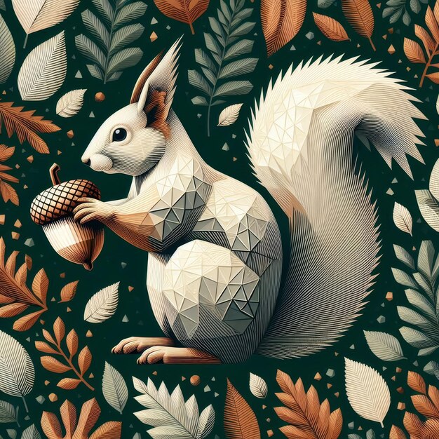 Photo stylized squirrel holding an acorn amidst intricate leaves in earthy tones