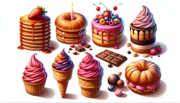 Stylized treats pancakes a sprinkle donut candle cake croissant cherry cupcake soft