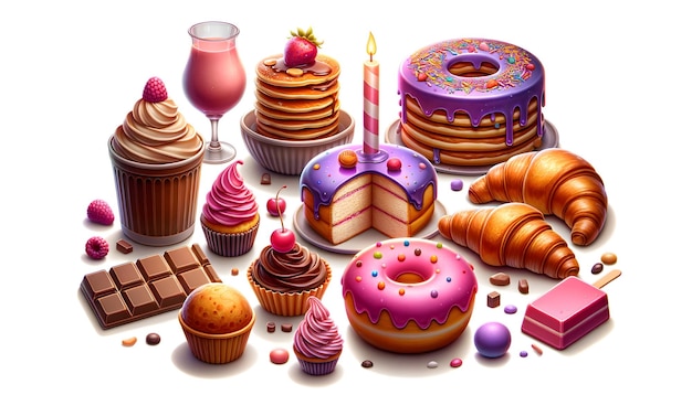 Stylized treats pancakes a sprinkle donut candle cake croissant cherry cupcake soft