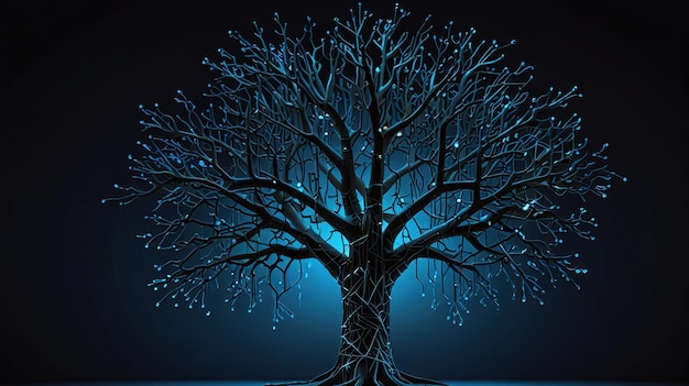 Photo a stylized tree with blue glowing lights standing on a dark background creating a surreal and futuristic feel