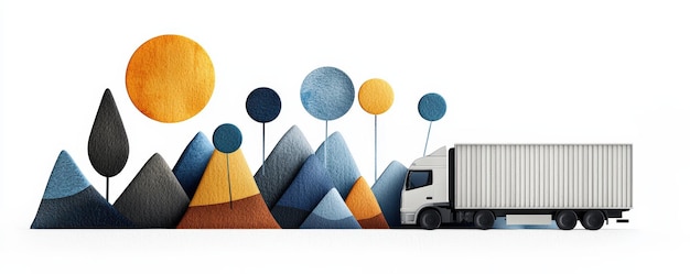 Photo a stylized truck transporting goods through a vibrant landscape of mountains and trees blending art and logistics