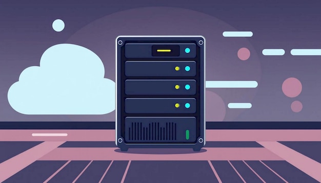 Photo a stylized vector graphic of a server rack against a night scene with clouds