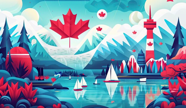 Photo a stylized vibrant illustration featuring iconic canadian symbols and landscape