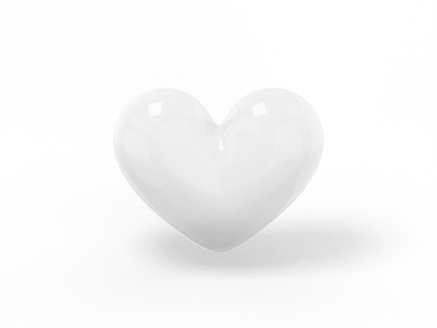 Stylized white monochrome heart on a white flat background. Minimalistic design object. 3d rendering ui ux interface element icon.