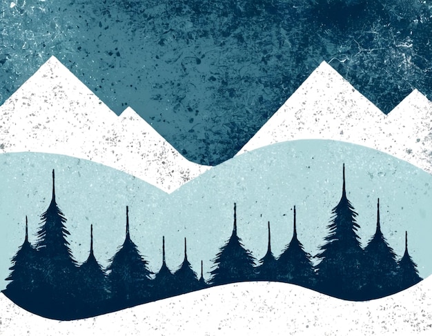 Photo stylized winter landscape with mountains and evergreen trees in blue tones