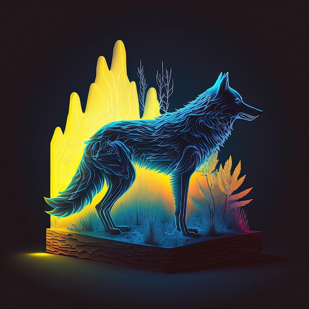 Stylized wolf illustration Diorama Futuristic neon color Ai generated