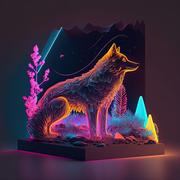 Stylized wolf illustration Diorama Futuristic neon color Ai generated