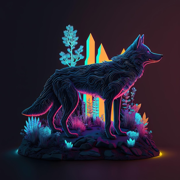 Stylized wolf illustration Diorama Futuristic neon color Ai generated