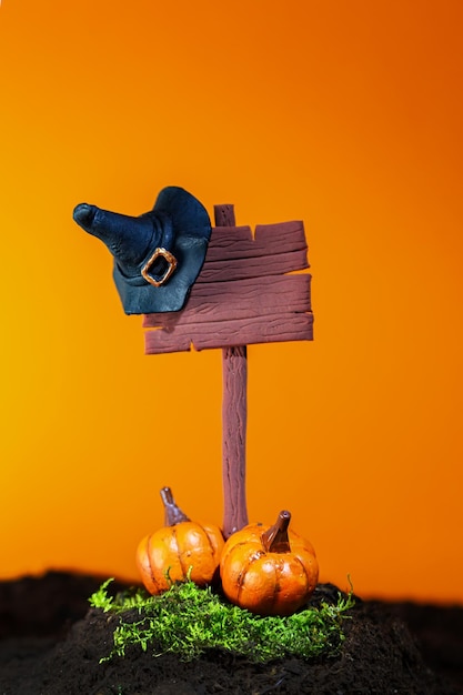 Stylized wooden signpost witch hat and pumpkins on orange background