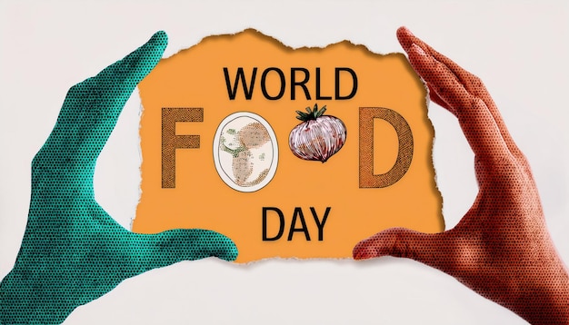 Photo stylized world food day banner retro sketch collage with hands and food