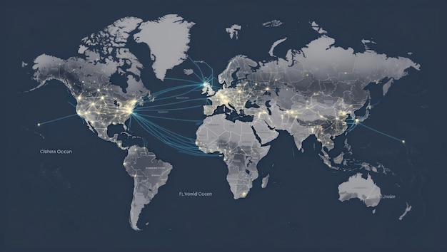 Stylized world map visualizing global connections and data flows