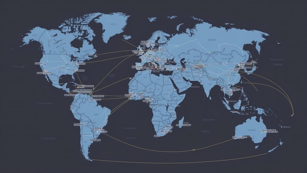 Stylized world map visualizing global connections and data flows