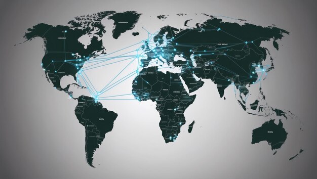 Stylized world map visualizing global connections and data flows