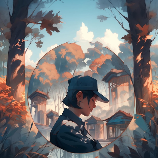 Stylized young person reflecting in autumnal forest with architectural structures