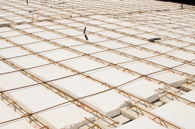 Styrofoam slab reinforced with hardware under construction ready to be concretedDue the properties