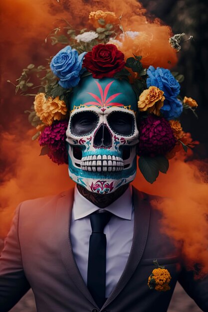 Suave Day of the Dead skull wearing a suit in smoky setting Generative AI