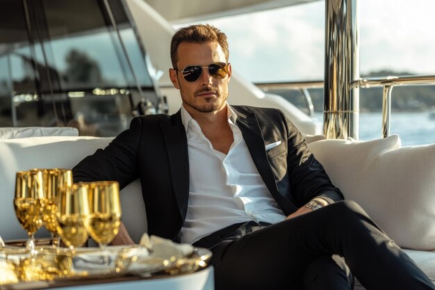 Photo suave thirties man lounging on luxury yacht