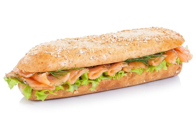 Sub sandwich whole grains baguette with smoked salmon fish isolated on white